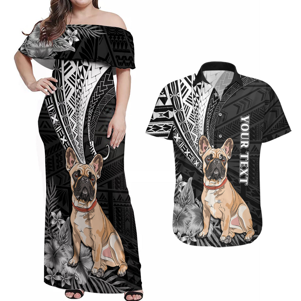 Personalised Polynesian Couples Matching Off Shoulder Maxi Dress and Hawaiian Shirt Bulldog With Polynesian Patterns LT7 - Wonder Print Shop
