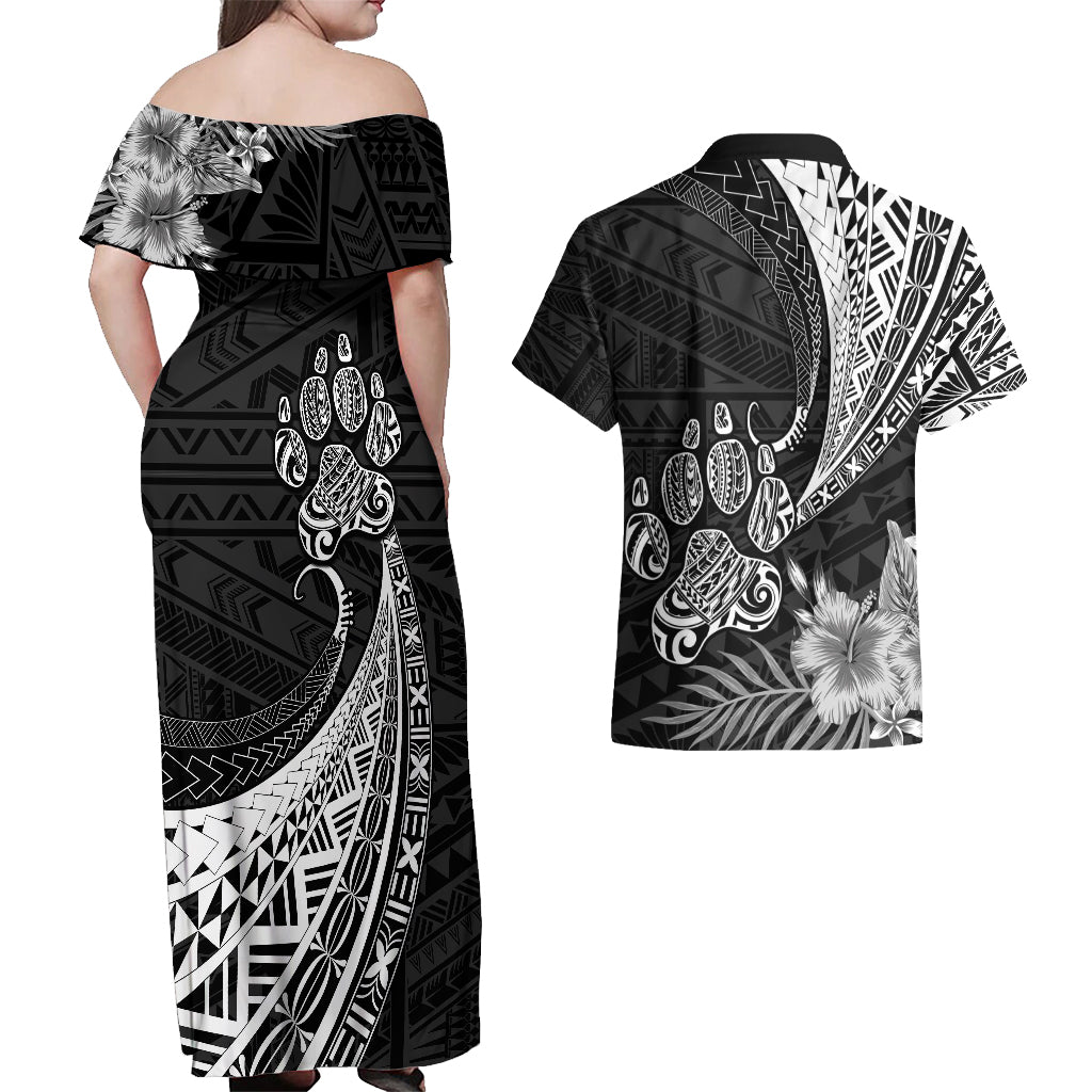 Personalised Polynesian Couples Matching Off Shoulder Maxi Dress and Hawaiian Shirt Bulldog With Polynesian Patterns LT7 - Wonder Print Shop