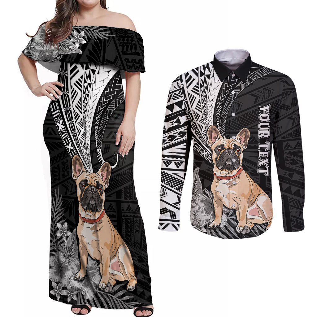 Personalised Polynesian Couples Matching Off Shoulder Maxi Dress and Long Sleeve Button Shirts Bulldog With Polynesian Patterns LT7 - Wonder Print Shop
