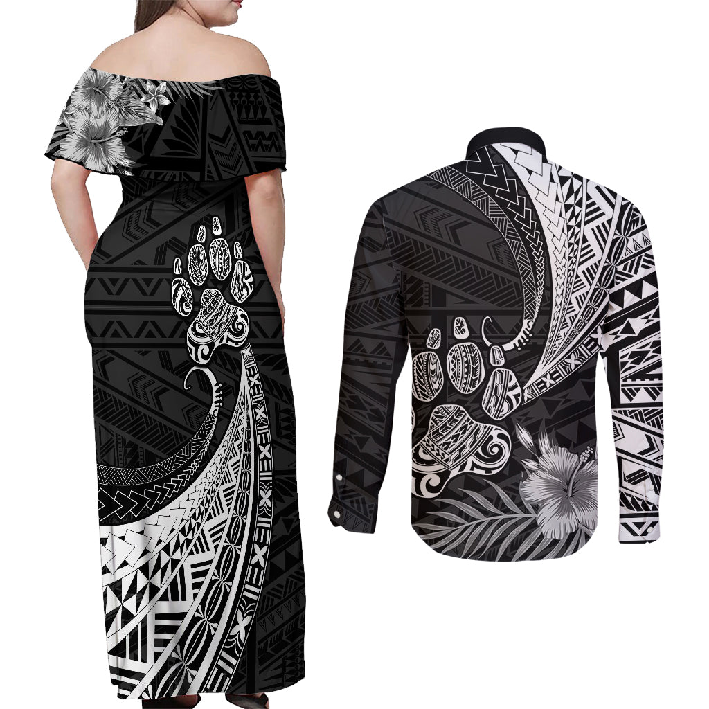 Personalised Polynesian Couples Matching Off Shoulder Maxi Dress and Long Sleeve Button Shirts Bulldog With Polynesian Patterns LT7 - Wonder Print Shop