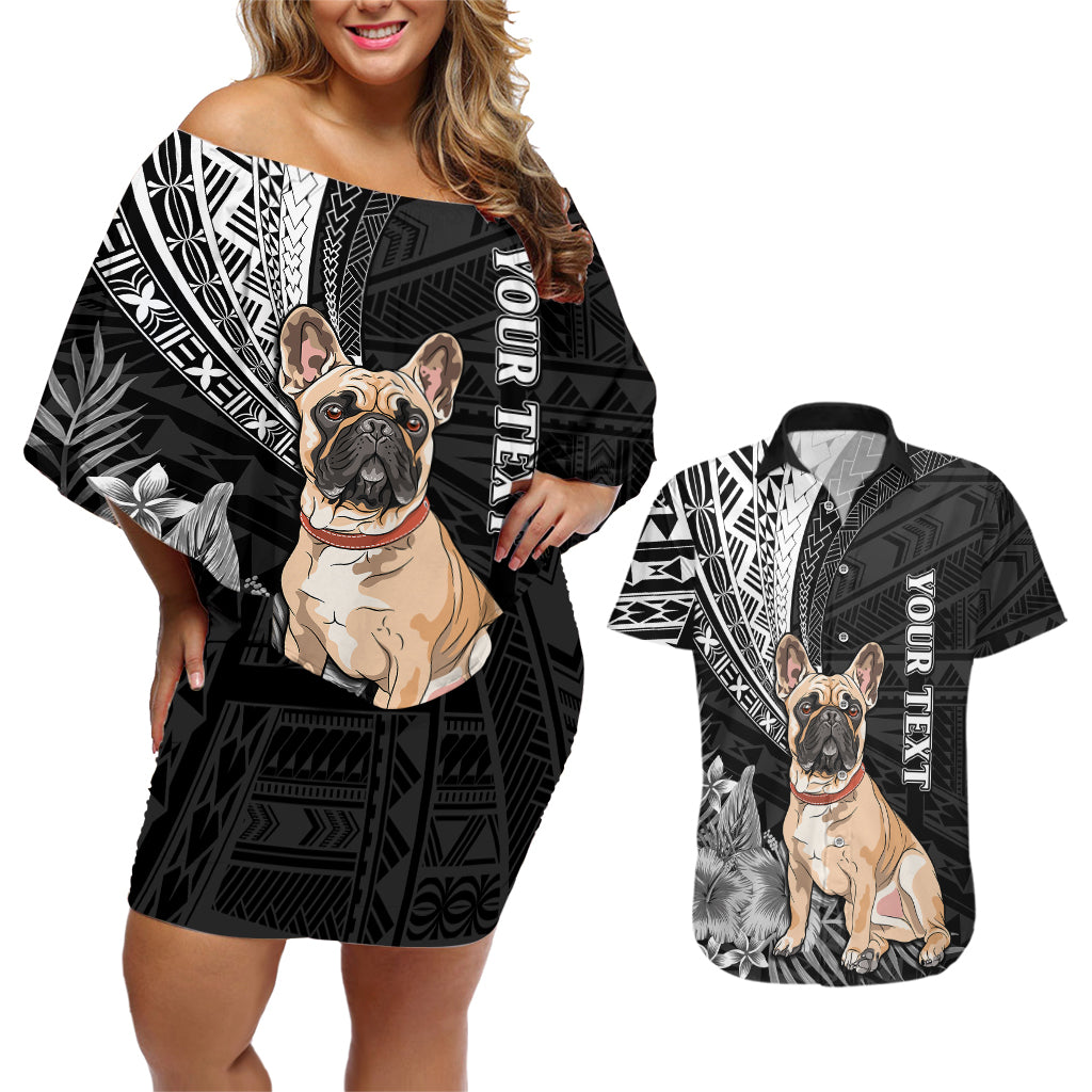 Personalised Polynesian Couples Matching Off Shoulder Short Dress and Hawaiian Shirt Bulldog With Polynesian Patterns LT7 - Wonder Print Shop