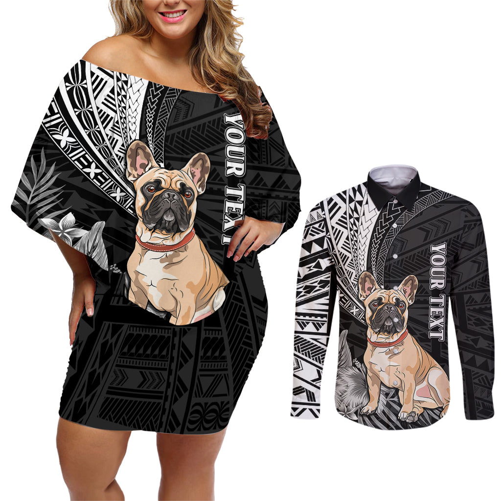 Personalised Polynesian Couples Matching Off Shoulder Short Dress and Long Sleeve Button Shirts Bulldog With Polynesian Patterns LT7 - Wonder Print Shop