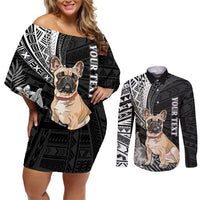 Personalised Polynesian Couples Matching Off Shoulder Short Dress and Long Sleeve Button Shirts Bulldog With Polynesian Patterns LT7 - Wonder Print Shop
