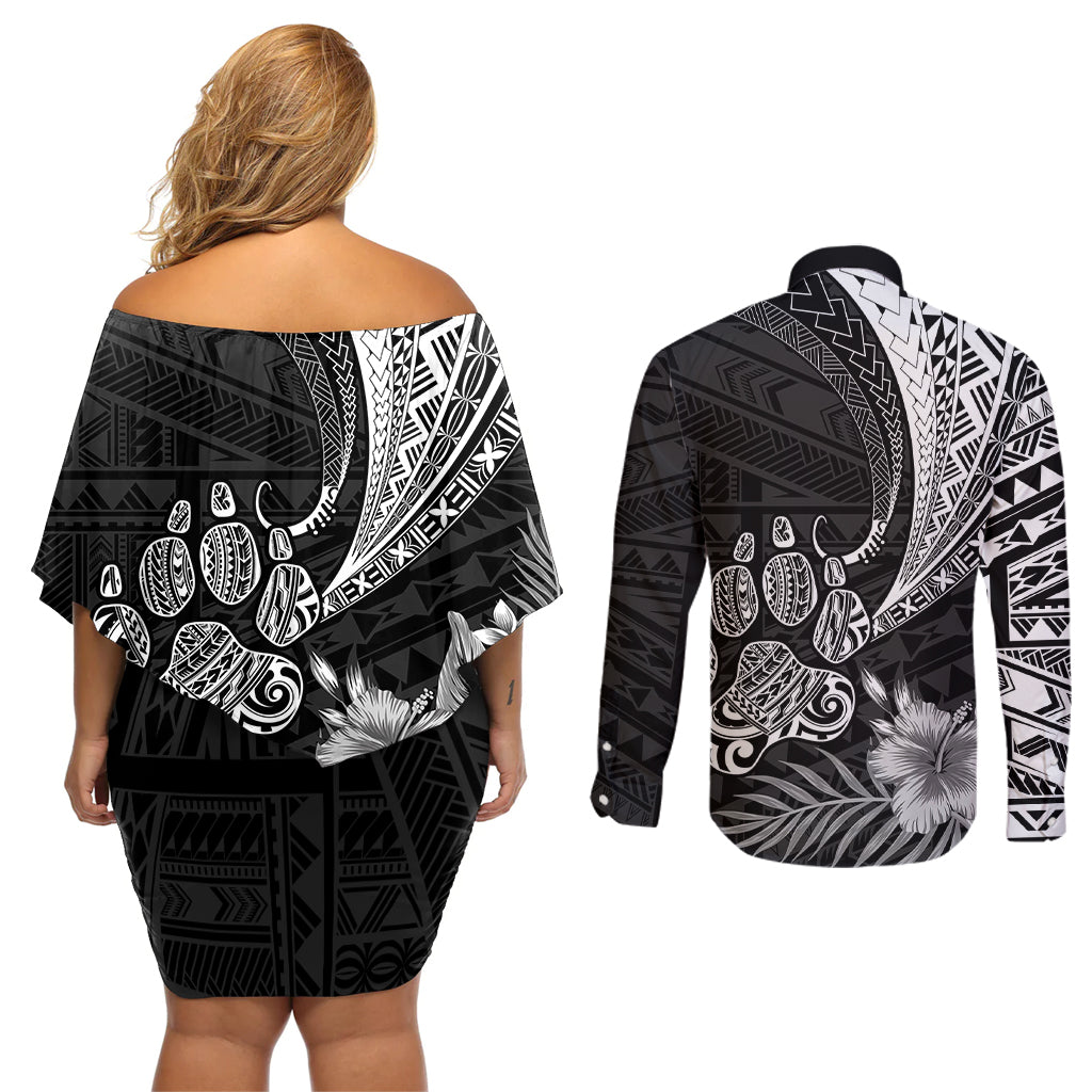 Personalised Polynesian Couples Matching Off Shoulder Short Dress and Long Sleeve Button Shirts Bulldog With Polynesian Patterns LT7 - Wonder Print Shop
