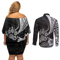 Personalised Polynesian Couples Matching Off Shoulder Short Dress and Long Sleeve Button Shirts Bulldog With Polynesian Patterns LT7 - Wonder Print Shop