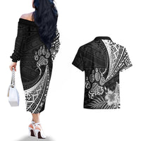 Personalised Polynesian Couples Matching Off The Shoulder Long Sleeve Dress and Hawaiian Shirt Bulldog With Polynesian Patterns LT7 - Wonder Print Shop