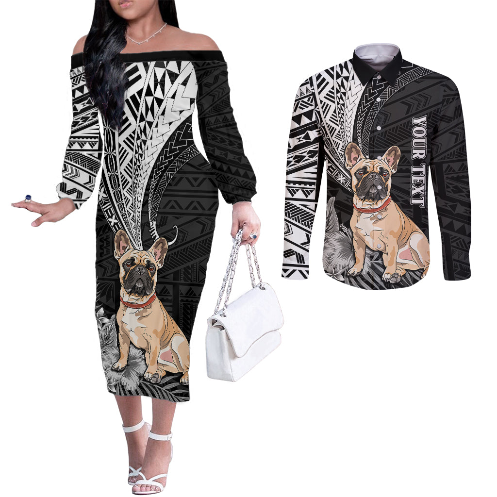 personalised-polynesian-couples-matching-off-the-shoulder-long-sleeve-dress-and-long-sleeve-button-shirts-bulldog-with-polynesian-patterns