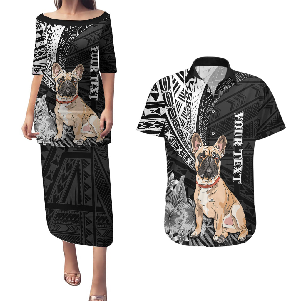 Personalised Polynesian Couples Matching Puletasi Dress and Hawaiian Shirt Bulldog With Polynesian Patterns LT7 - Wonder Print Shop