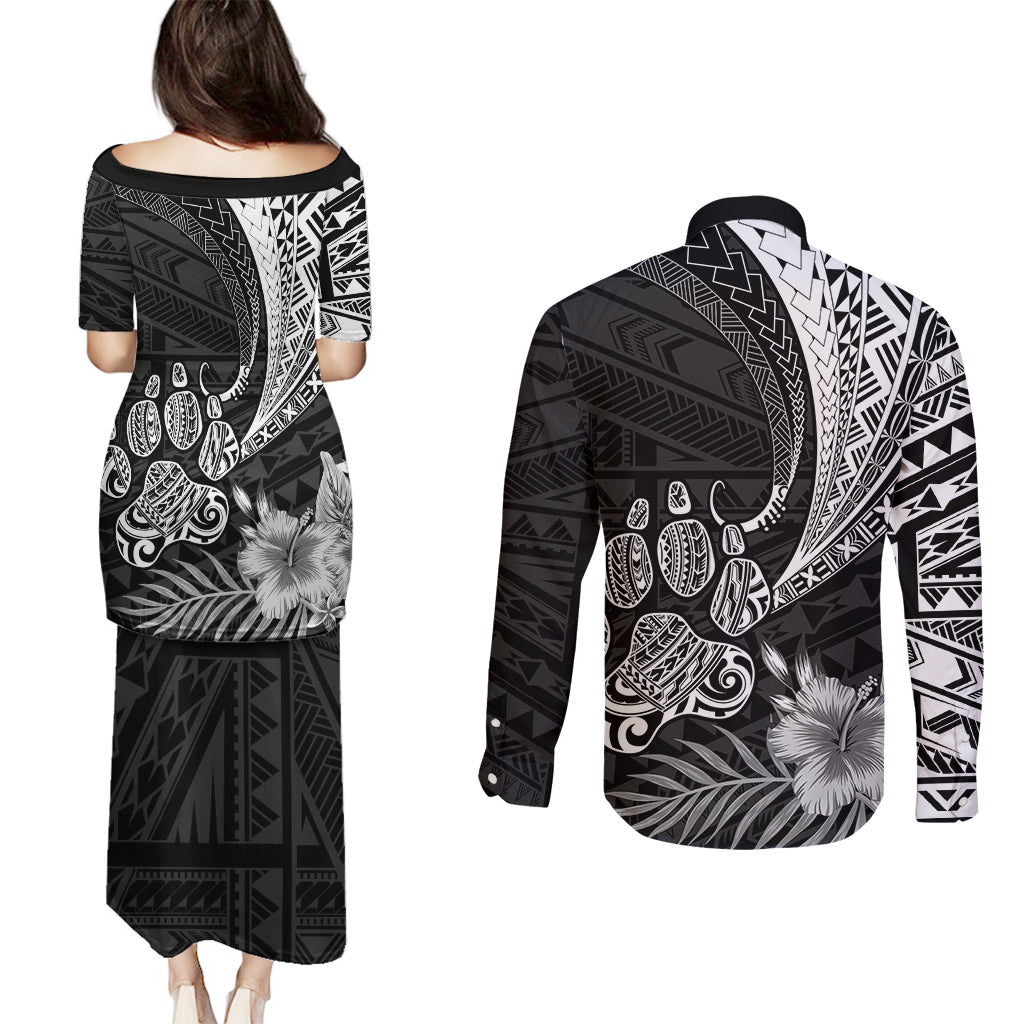 Personalised Polynesian Couples Matching Puletasi Dress and Long Sleeve Button Shirts Bulldog With Polynesian Patterns LT7 - Wonder Print Shop