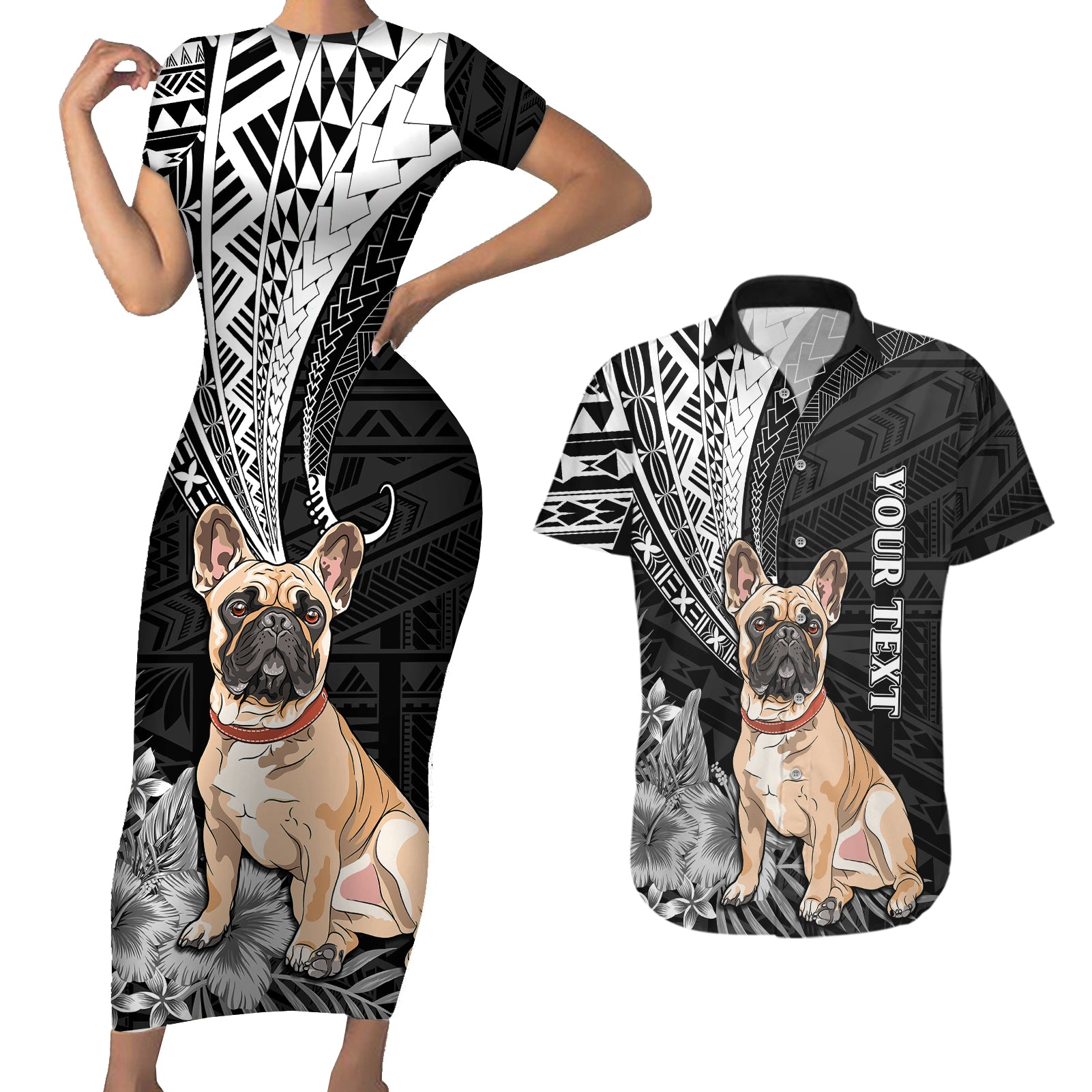 Personalised Polynesian Couples Matching Short Sleeve Bodycon Dress and Hawaiian Shirt Bulldog With Polynesian Patterns LT7 - Wonder Print Shop
