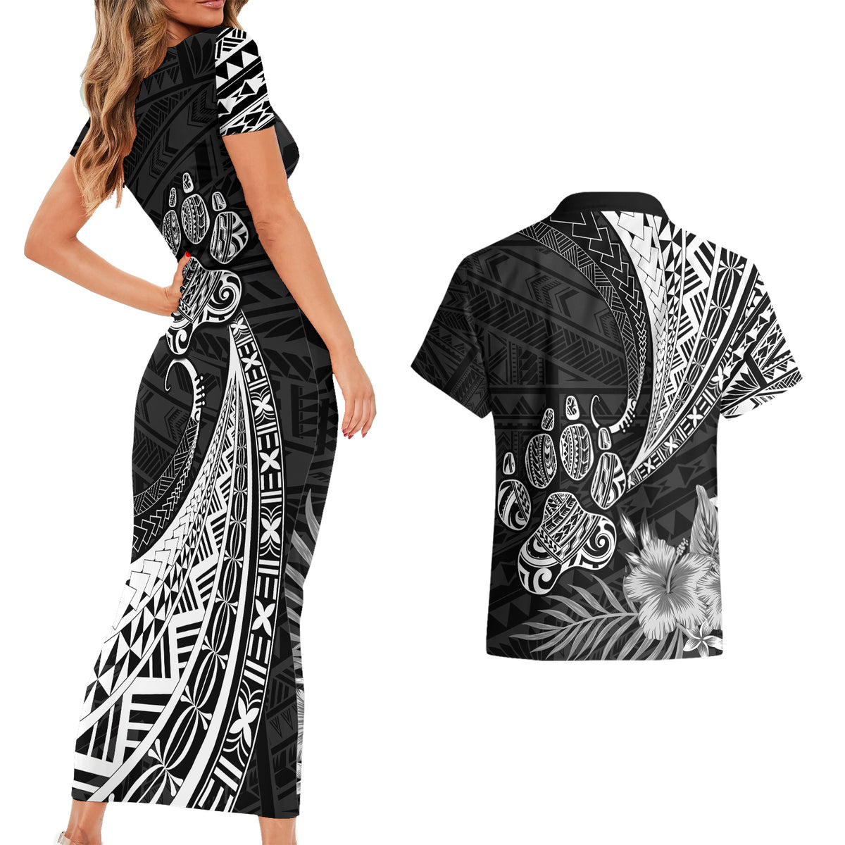 Personalised Polynesian Couples Matching Short Sleeve Bodycon Dress and Hawaiian Shirt Bulldog With Polynesian Patterns LT7 - Wonder Print Shop