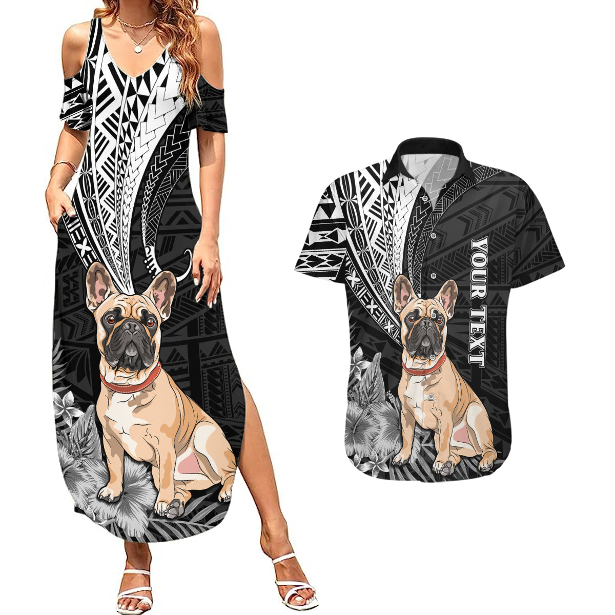Personalised Polynesian Couples Matching Summer Maxi Dress and Hawaiian Shirt Bulldog With Polynesian Patterns LT7 - Wonder Print Shop