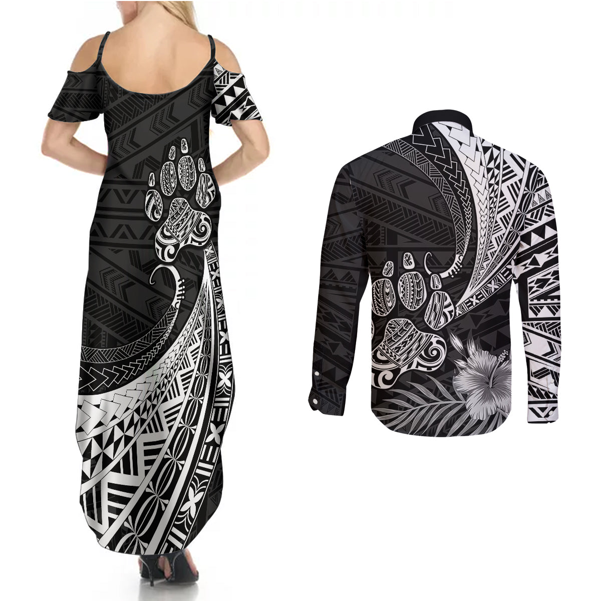 Personalised Polynesian Couples Matching Summer Maxi Dress and Long Sleeve Button Shirts Bulldog With Polynesian Patterns LT7 - Wonder Print Shop