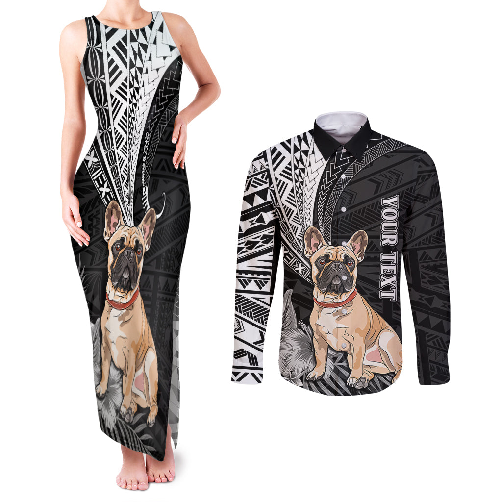 Personalised Polynesian Couples Matching Tank Maxi Dress and Long Sleeve Button Shirts Bulldog With Polynesian Patterns LT7 - Wonder Print Shop