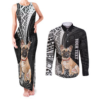 Personalised Polynesian Couples Matching Tank Maxi Dress and Long Sleeve Button Shirts Bulldog With Polynesian Patterns LT7 - Wonder Print Shop