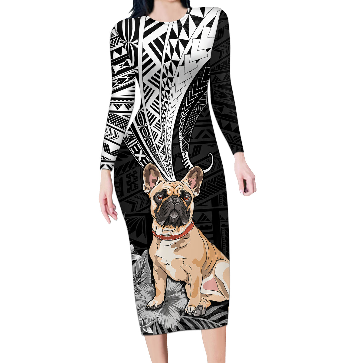 Personalised Polynesian Long Sleeve Bodycon Dress Bulldog With Polynesian Patterns - Wonder Print Shop