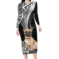 Personalised Polynesian Long Sleeve Bodycon Dress Bulldog With Polynesian Patterns - Wonder Print Shop