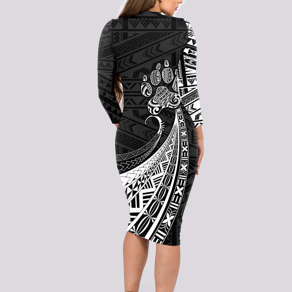 Personalised Polynesian Long Sleeve Bodycon Dress Bulldog With Polynesian Patterns - Wonder Print Shop