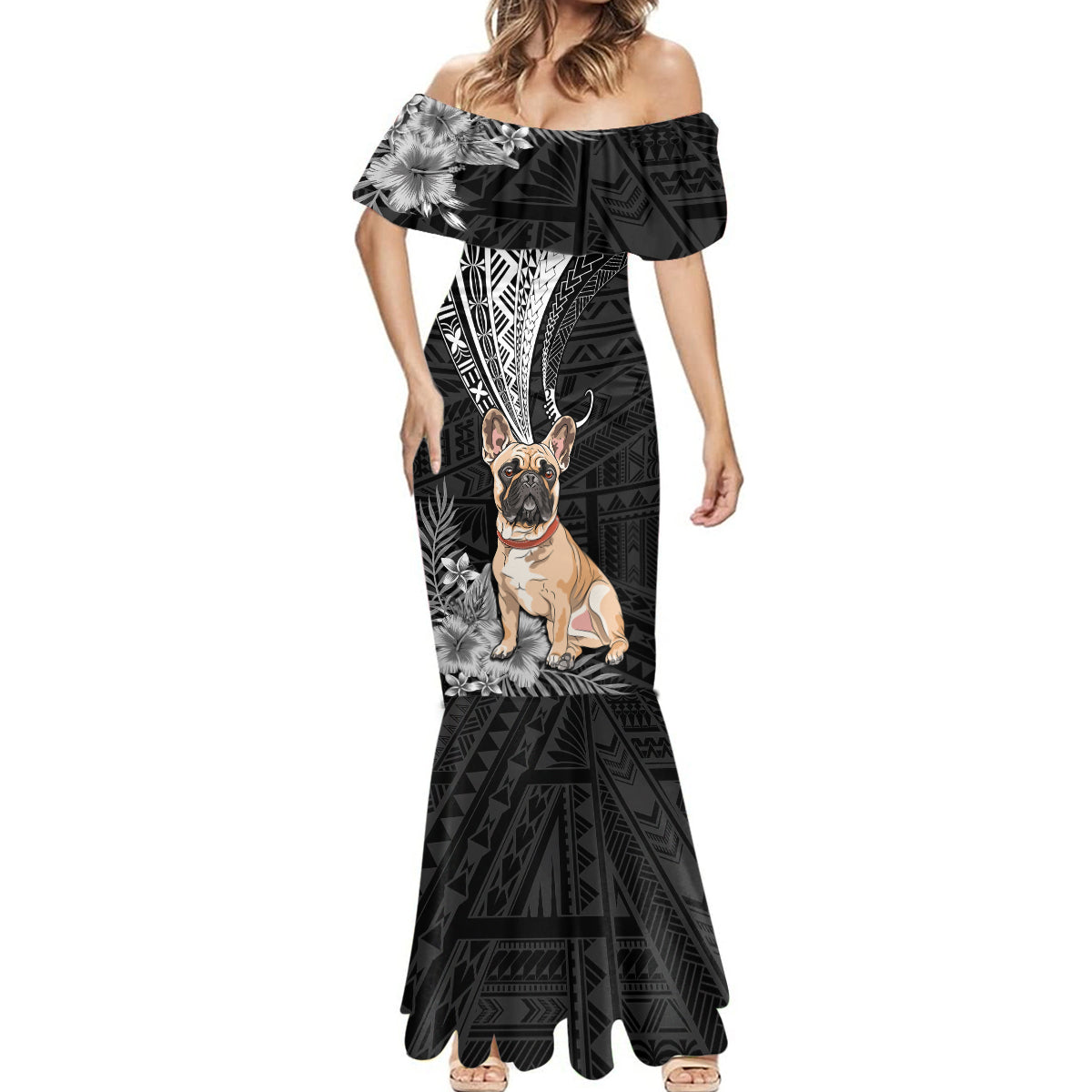 Personalised Polynesian Mermaid Dress Bulldog With Polynesian Patterns - Wonder Print Shop