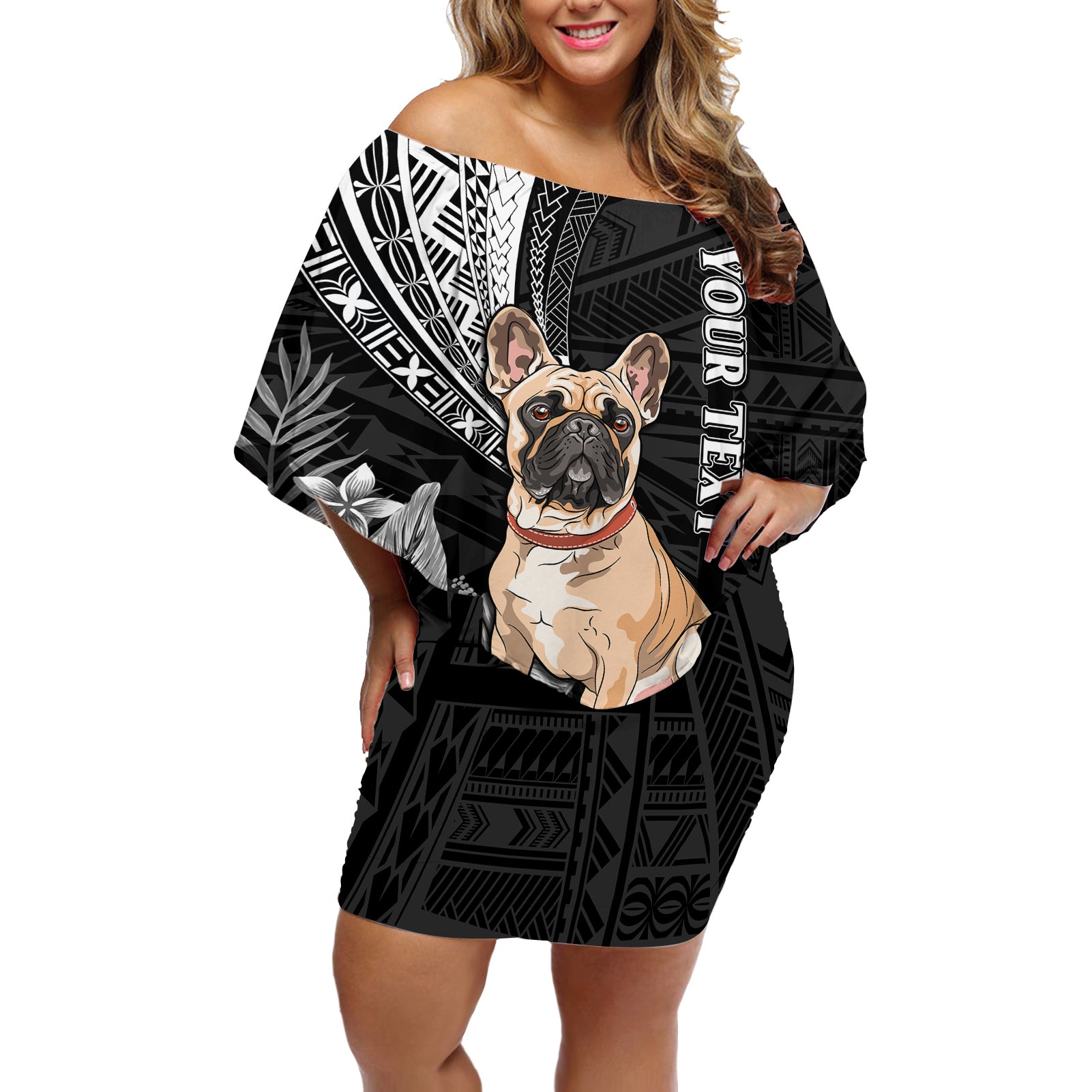 Personalised Polynesian Off Shoulder Short Dress Bulldog With Polynesian Patterns - Wonder Print Shop