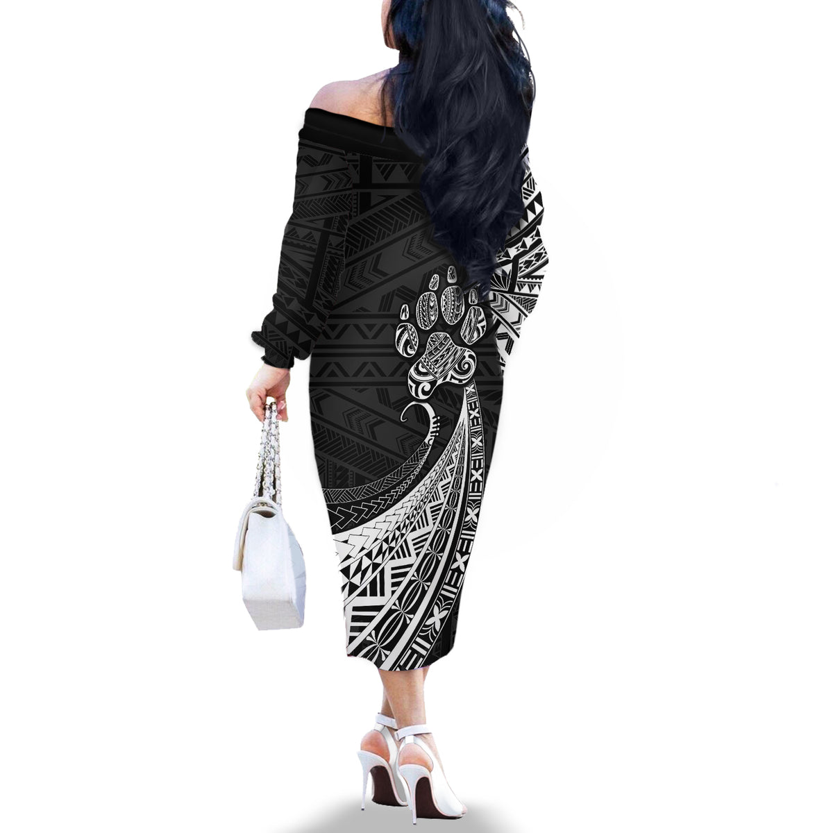 Personalised Polynesian Off The Shoulder Long Sleeve Dress Bulldog With Polynesian Patterns - Wonder Print Shop