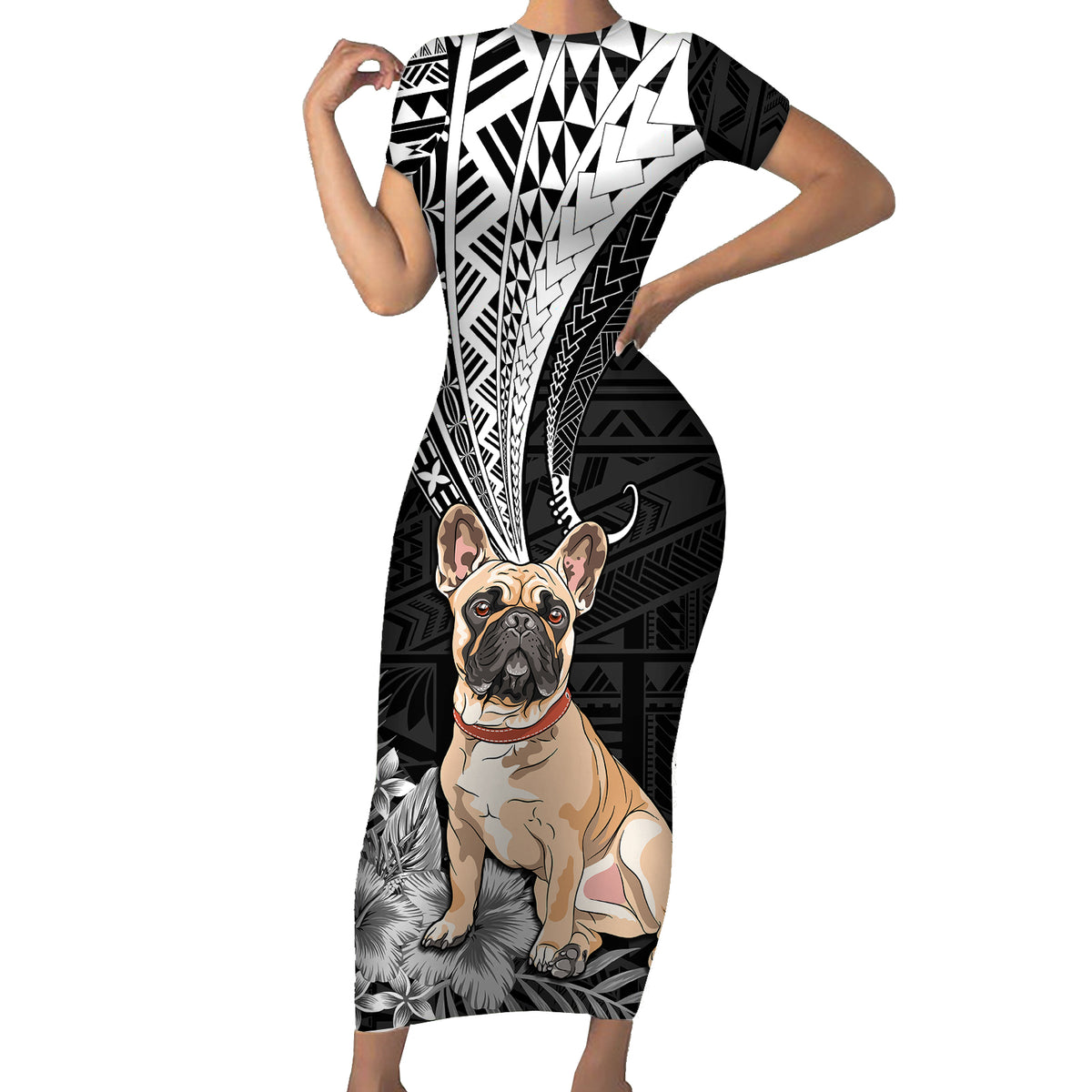 Personalised Polynesian Short Sleeve Bodycon Dress Bulldog With Polynesian Patterns - Wonder Print Shop
