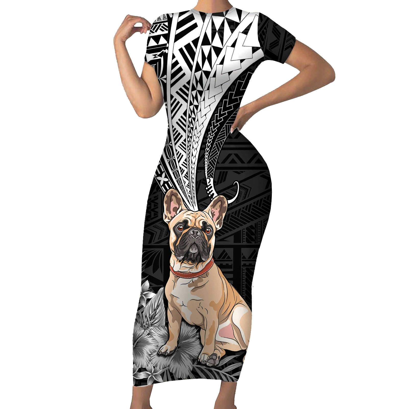Personalised Polynesian Short Sleeve Bodycon Dress Bulldog With Polynesian Patterns - Wonder Print Shop
