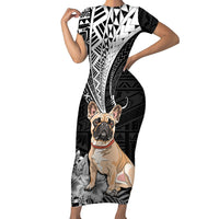 Personalised Polynesian Short Sleeve Bodycon Dress Bulldog With Polynesian Patterns - Wonder Print Shop