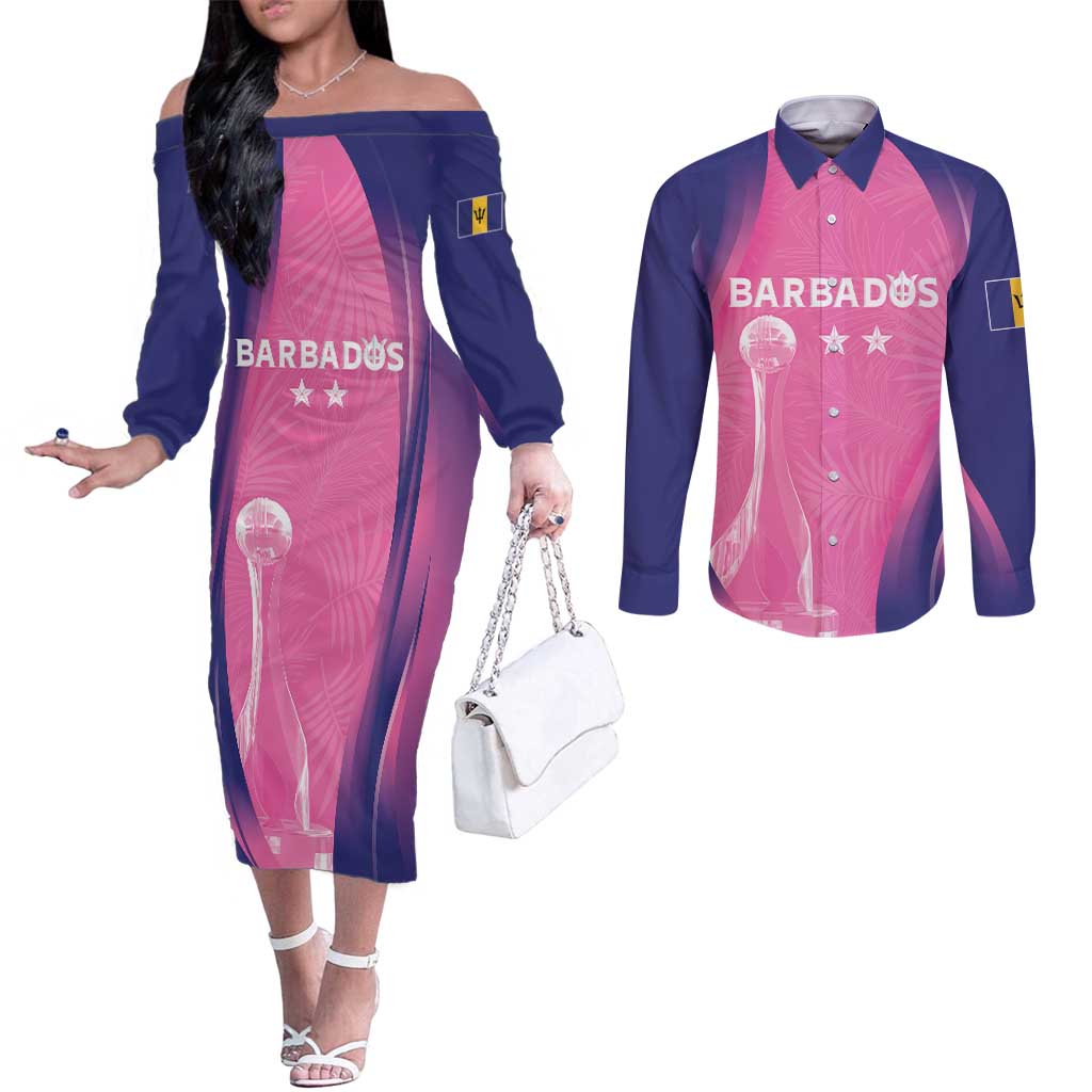 Barbados Cricket Custom Couples Matching Off The Shoulder Long Sleeve Dress and Long Sleeve Button Shirt Royal Champions - Tropical Vibes - Wonder Print Shop