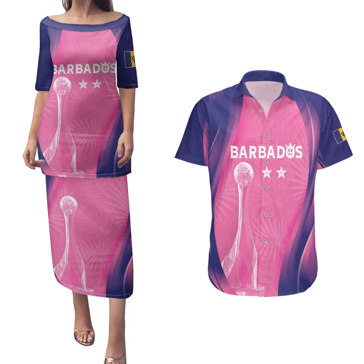 Barbados Cricket Custom Couples Matching Puletasi and Hawaiian Shirt Royal Champions - Tropical Vibes - Wonder Print Shop