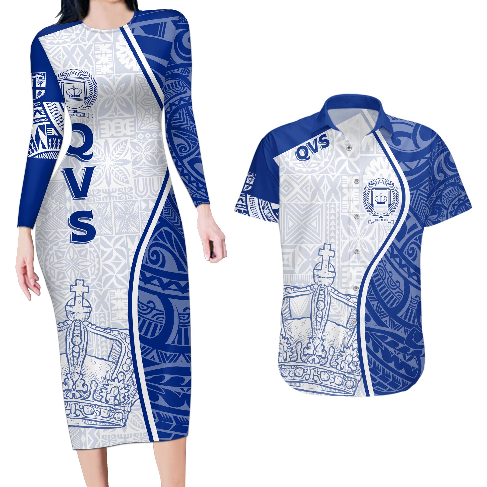 Personalised Queen Victoria School Couples Matching Long Sleeve Bodycon Dress and Hawaiian Shirt QVS Old Boys LT7 - Wonder Print Shop