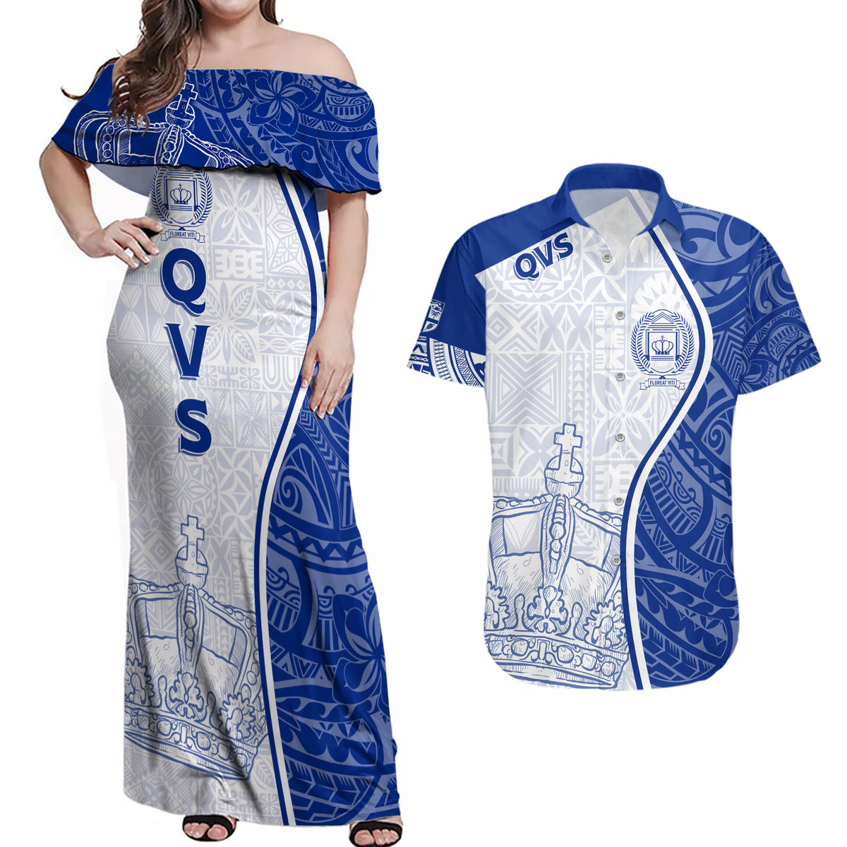 Personalised Queen Victoria School Couples Matching Off Shoulder Maxi Dress and Hawaiian Shirt QVS Old Boys LT7 - Wonder Print Shop