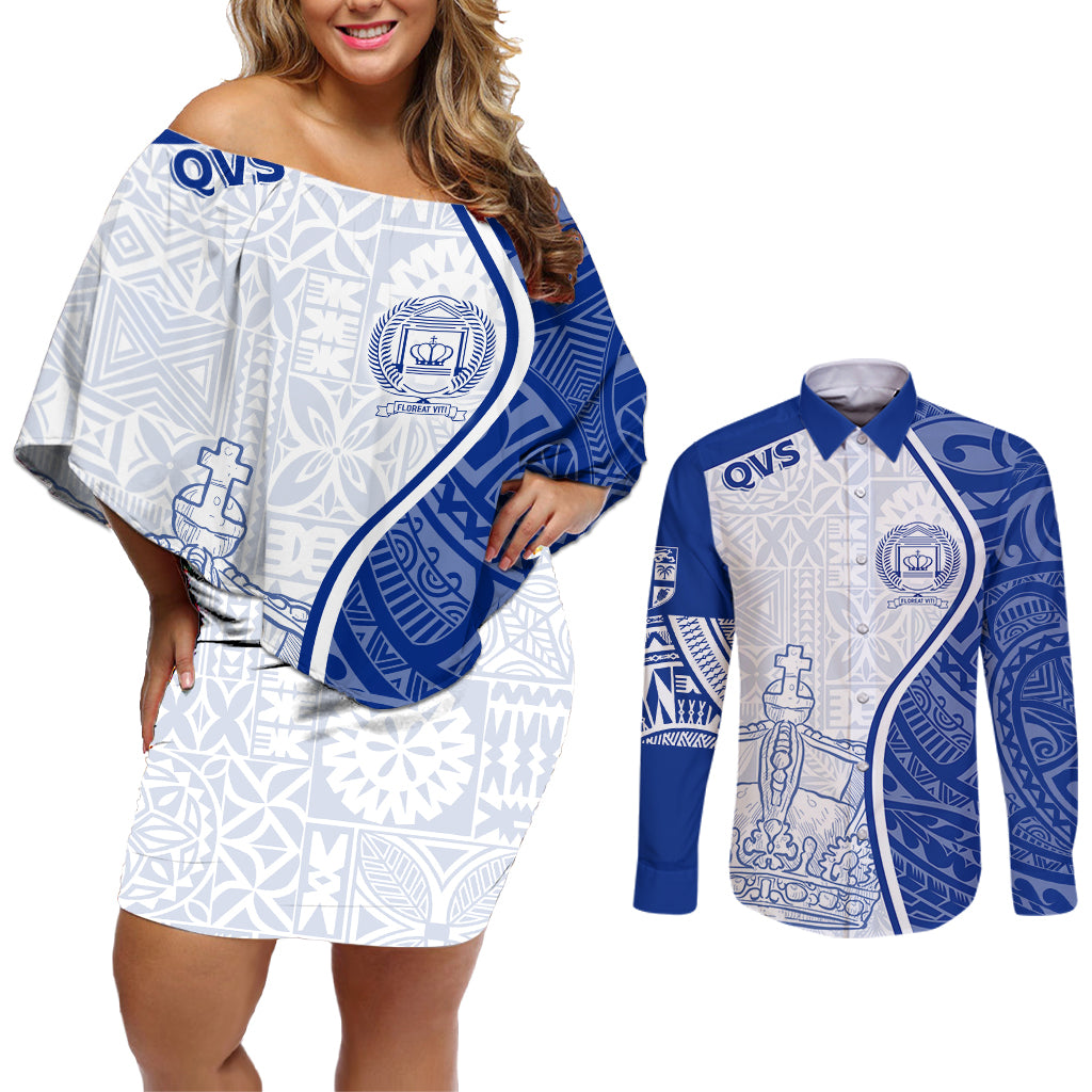 Personalised Queen Victoria School Couples Matching Off Shoulder Short Dress and Long Sleeve Button Shirts QVS Old Boys LT7 - Wonder Print Shop