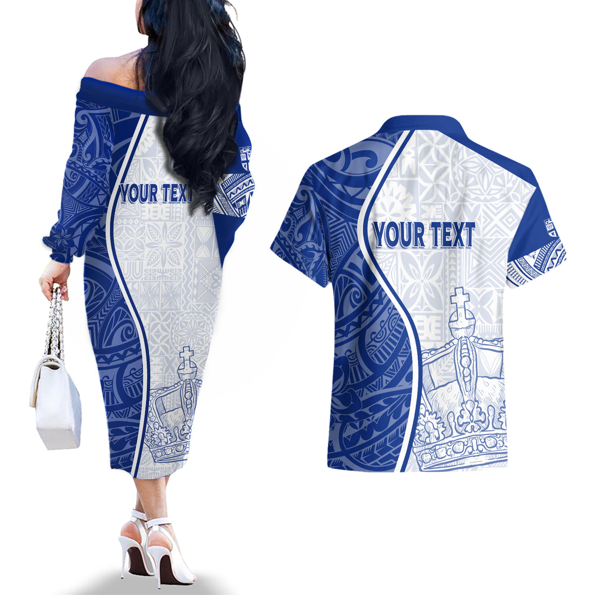 Personalised Queen Victoria School Couples Matching Off The Shoulder Long Sleeve Dress and Hawaiian Shirt QVS Old Boys LT7 - Wonder Print Shop