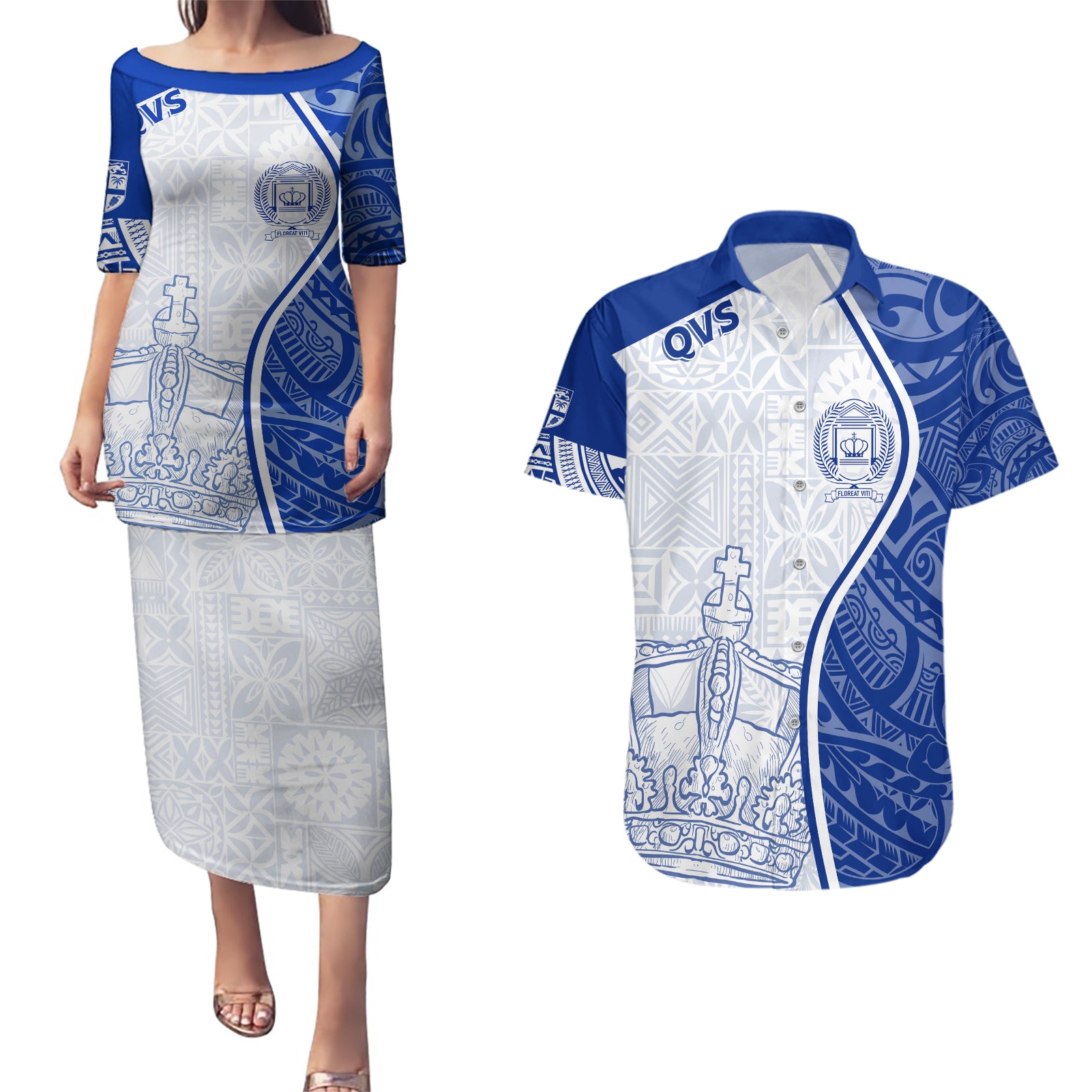 Personalised Queen Victoria School Couples Matching Puletasi Dress and Hawaiian Shirt QVS Old Boys LT7 - Wonder Print Shop