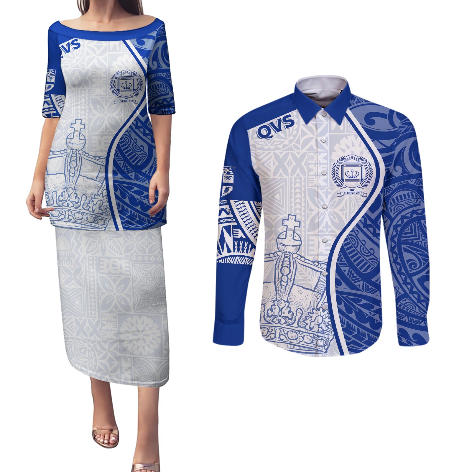 Personalised Queen Victoria School Couples Matching Puletasi Dress and Long Sleeve Button Shirts QVS Old Boys LT7 - Wonder Print Shop