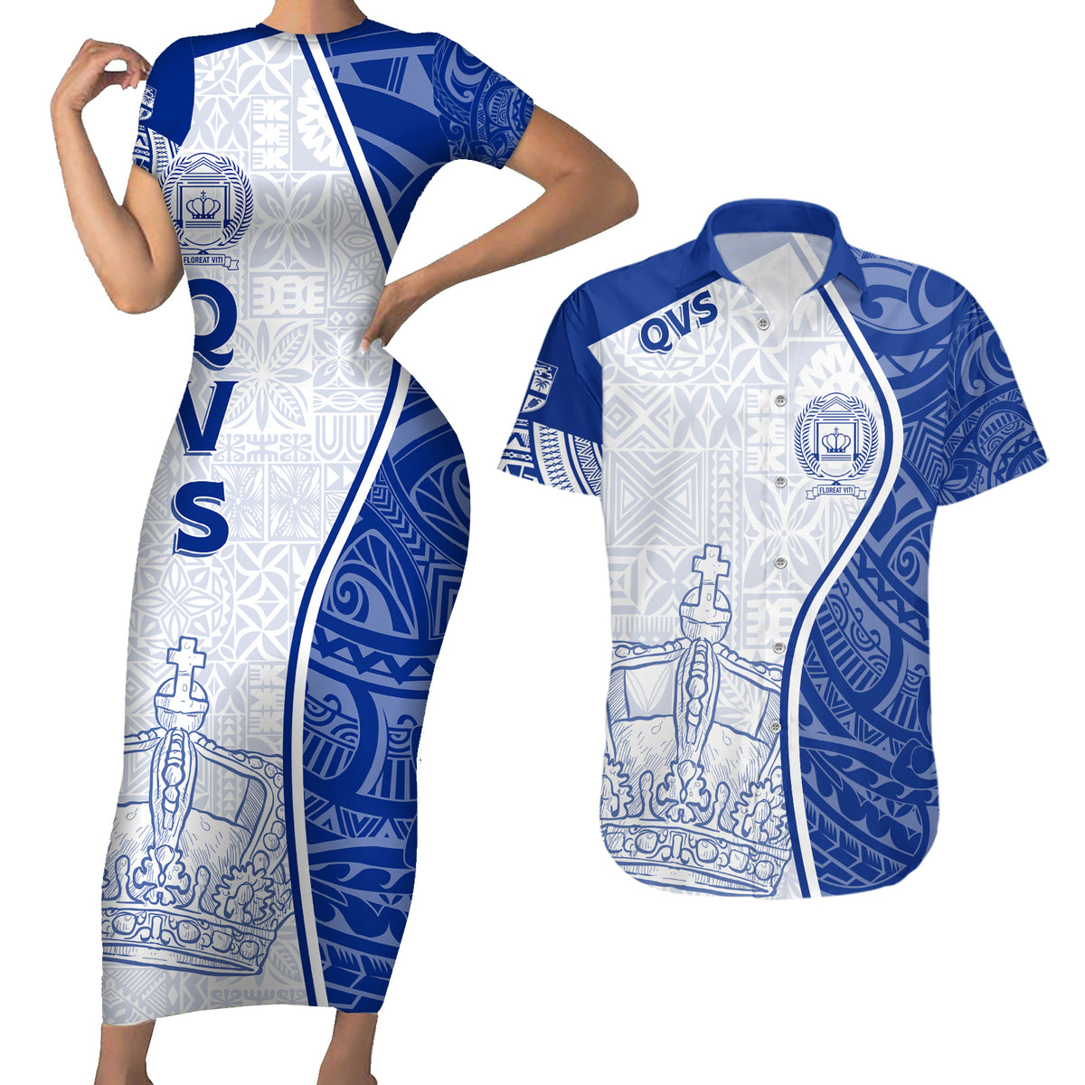 Personalised Queen Victoria School Couples Matching Short Sleeve Bodycon Dress and Hawaiian Shirt QVS Old Boys LT7 - Wonder Print Shop