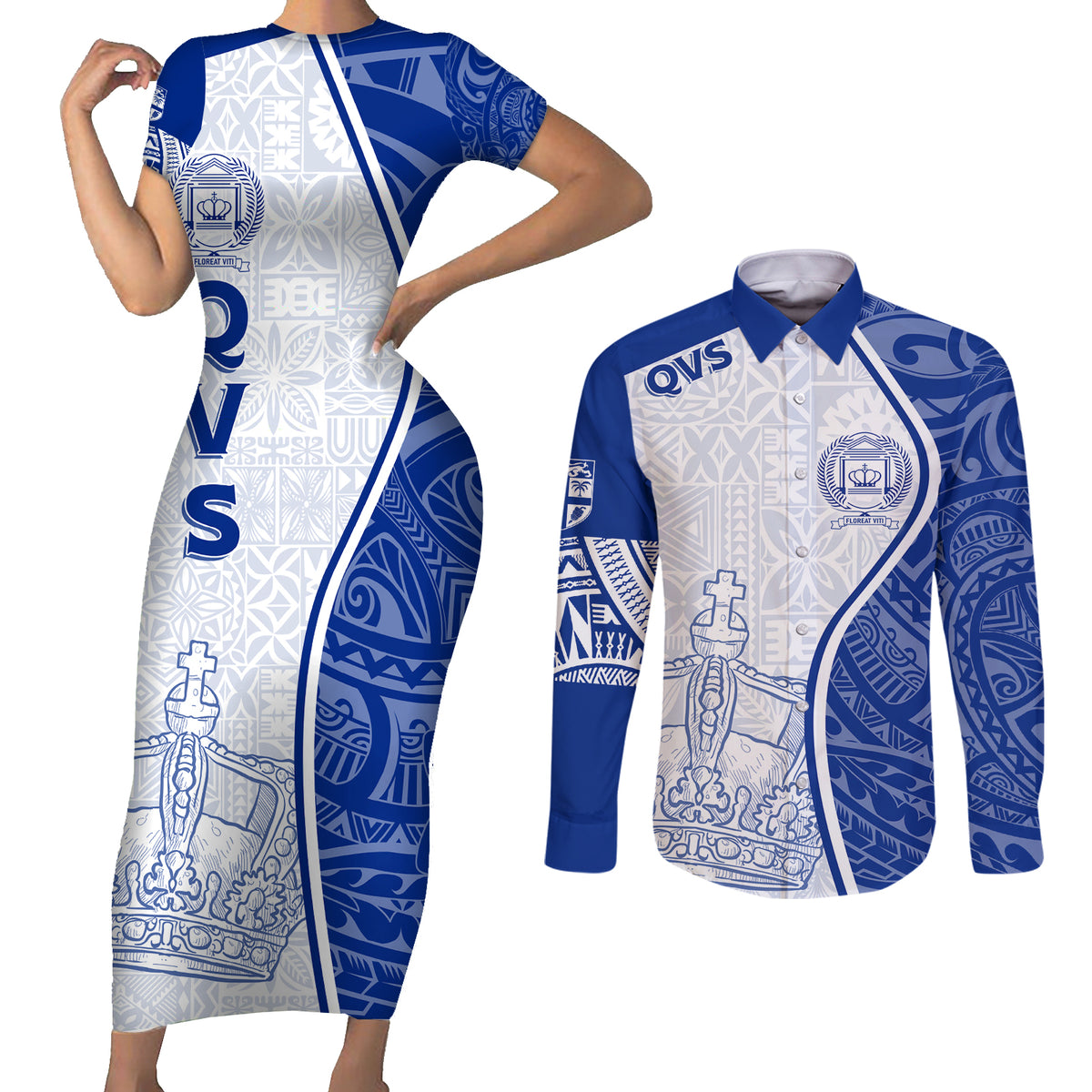 Personalised Queen Victoria School Couples Matching Short Sleeve Bodycon Dress and Long Sleeve Button Shirts QVS Old Boys LT7 - Wonder Print Shop