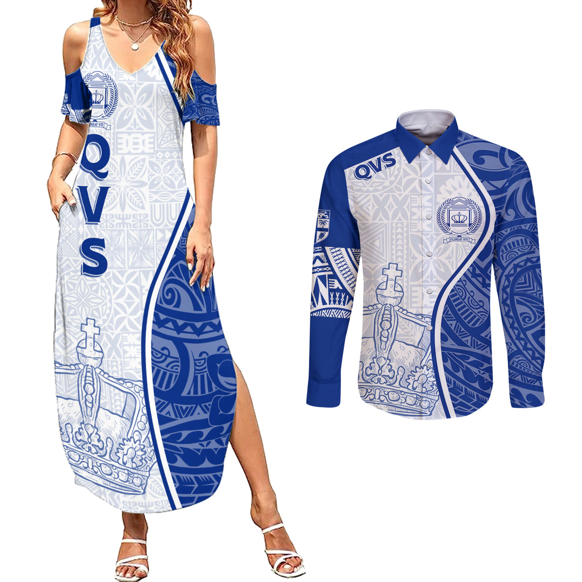 Personalised Queen Victoria School Couples Matching Summer Maxi Dress and Long Sleeve Button Shirts QVS Old Boys LT7 - Wonder Print Shop