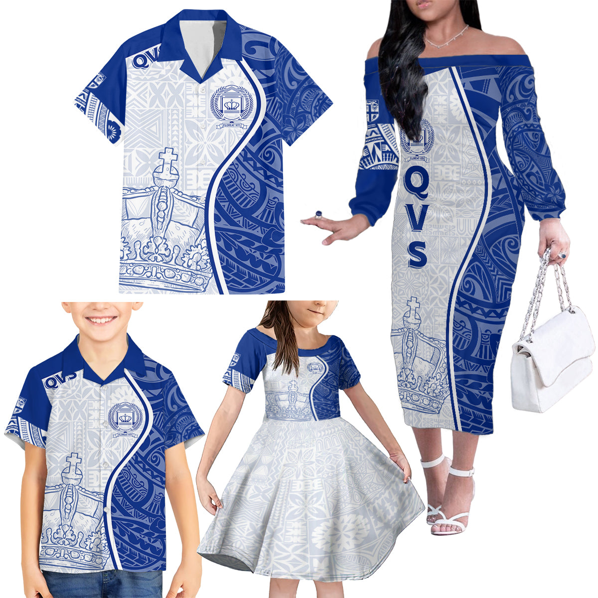 Personalised Queen Victoria School Family Matching Off Shoulder Long Sleeve Dress and Hawaiian Shirt QVS Old Boys - Wonder Print Shop