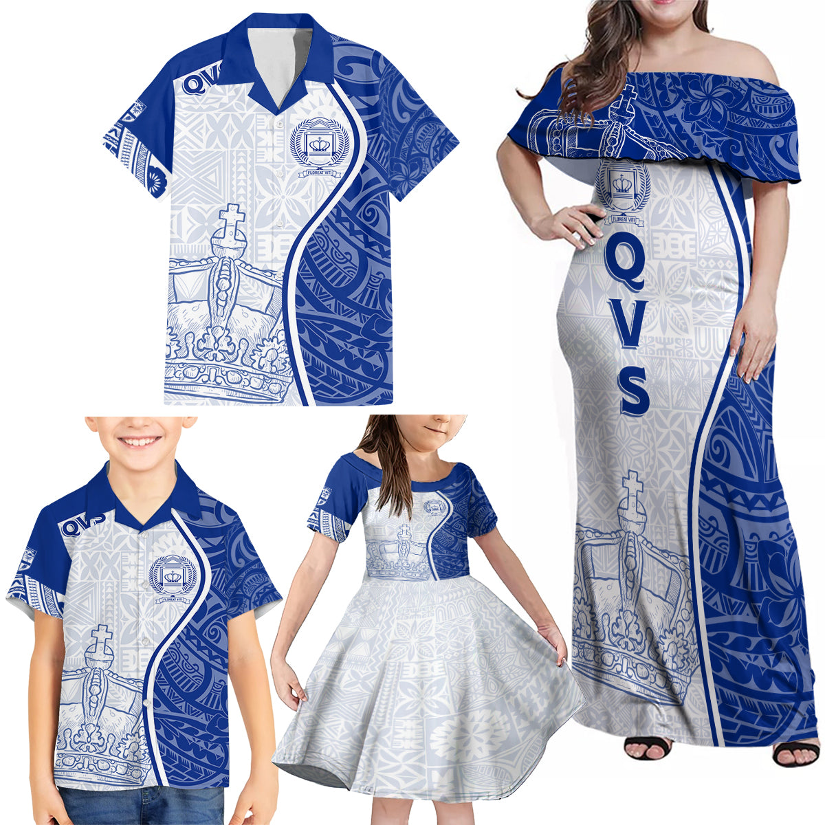 Personalised Queen Victoria School Family Matching Off Shoulder Maxi Dress and Hawaiian Shirt QVS Old Boys LT7 - Wonder Print Shop