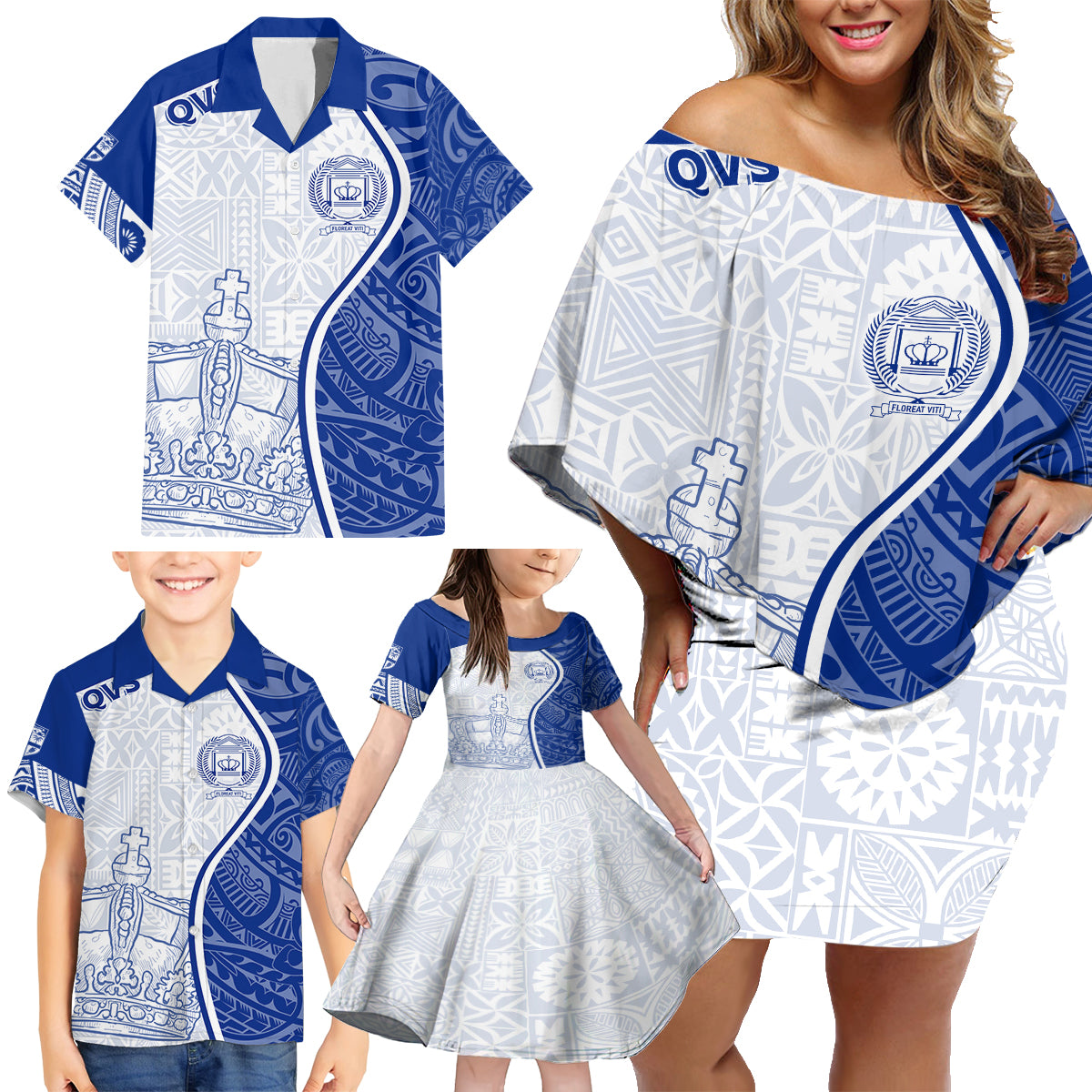 Personalised Queen Victoria School Family Matching Off Shoulder Short Dress and Hawaiian Shirt QVS Old Boys LT7 - Wonder Print Shop
