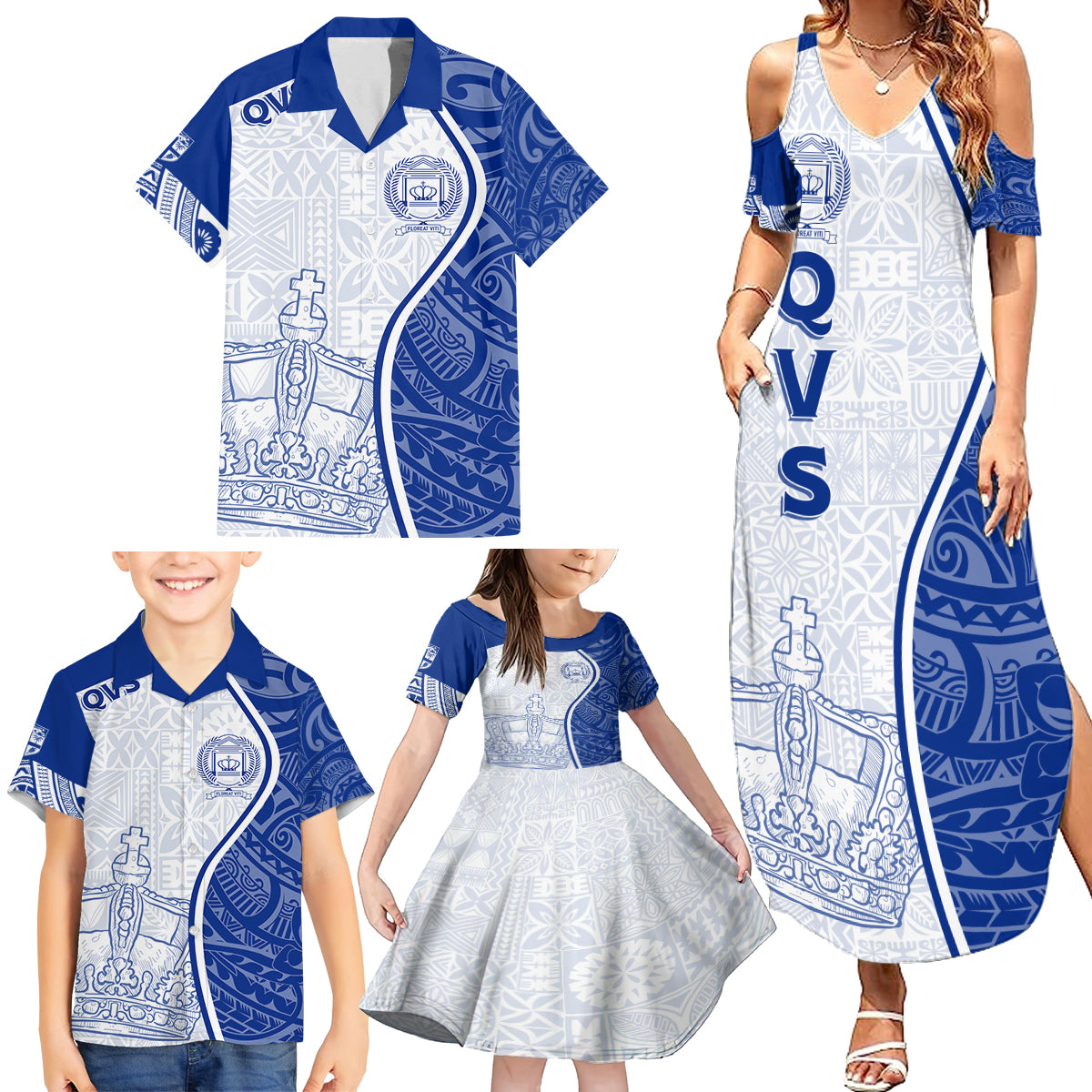Personalised Queen Victoria School Family Matching Summer Maxi Dress and Hawaiian Shirt QVS Old Boys - Wonder Print Shop