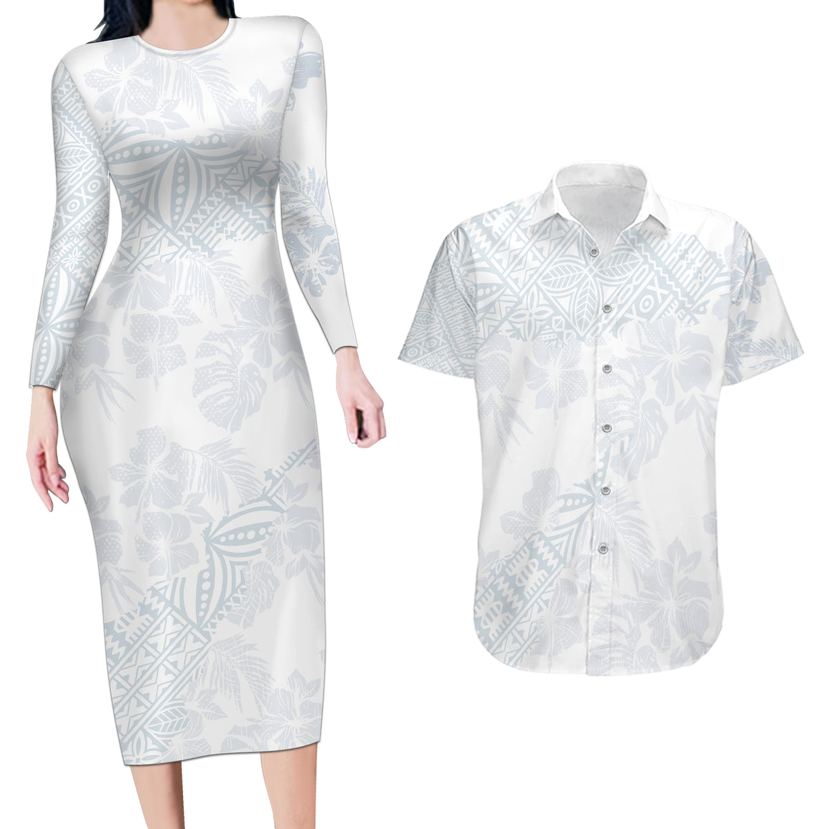 Samoa White Sunday Couples Matching Long Sleeve Bodycon Dress and Hawaiian Shirt Hibiscus Special LT7 - Wonder Print Shop