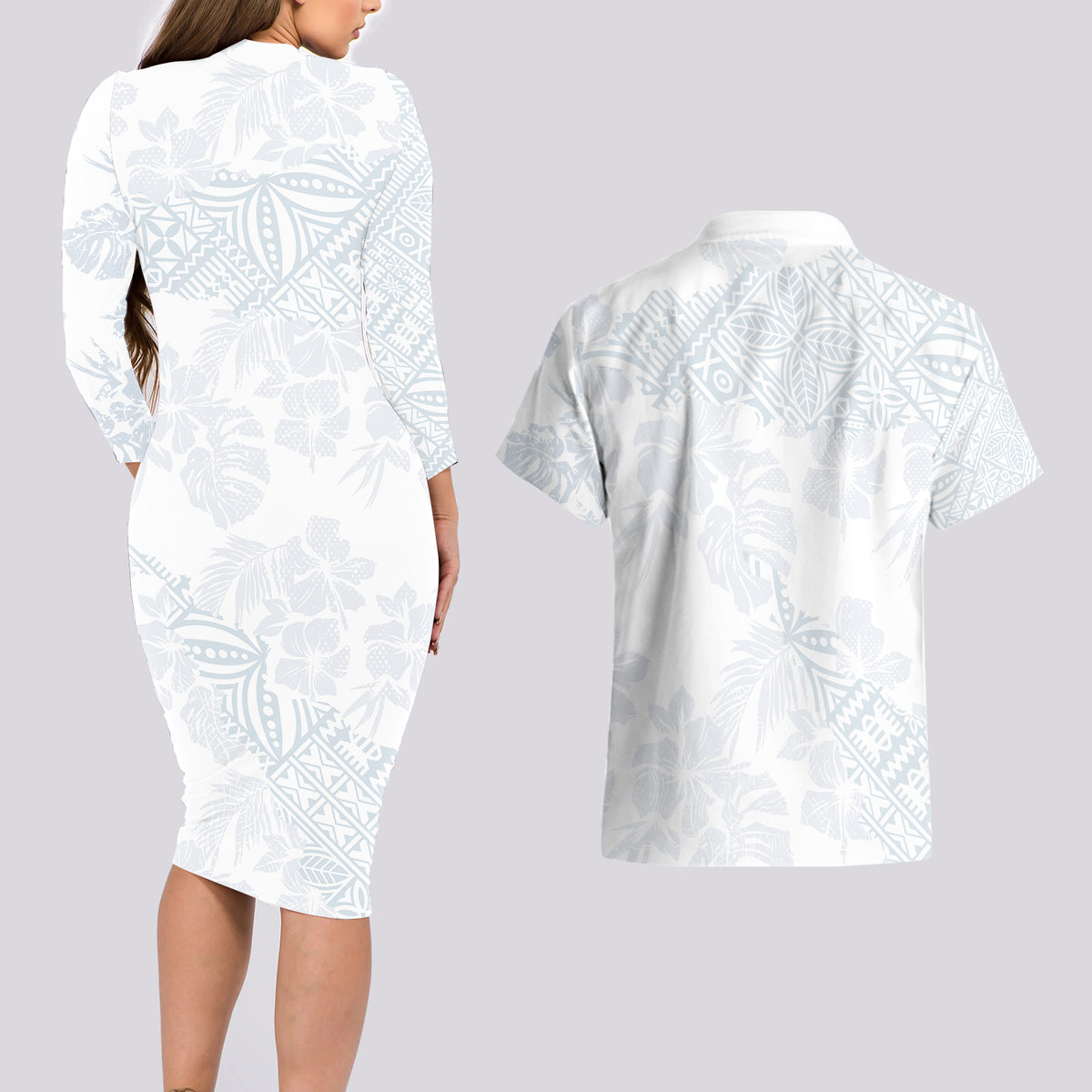 Samoa White Sunday Couples Matching Long Sleeve Bodycon Dress and Hawaiian Shirt Hibiscus Special LT7 - Wonder Print Shop