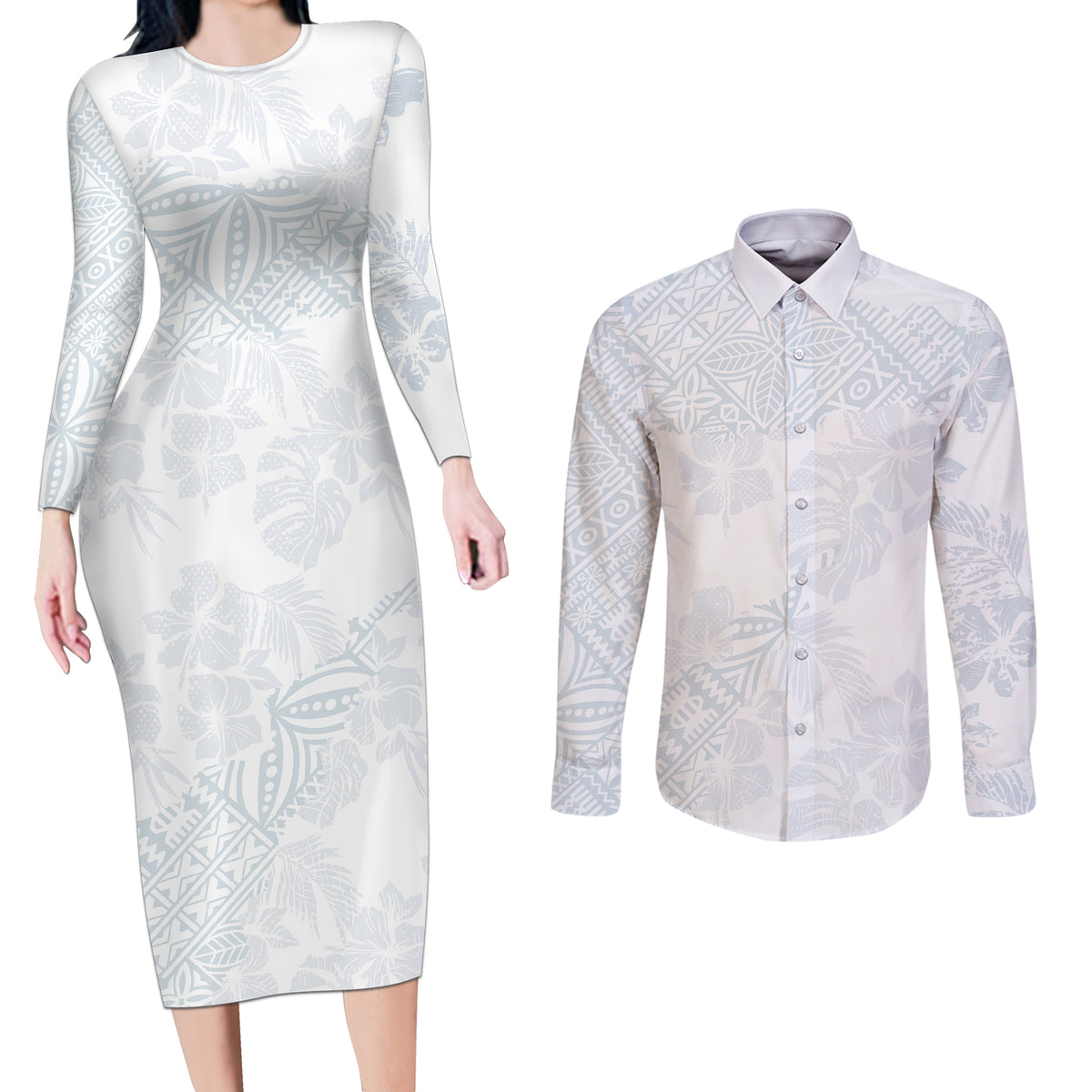 Samoa White Sunday Couples Matching Long Sleeve Bodycon Dress and Long Sleeve Button Shirts Hibiscus Special LT7 - Wonder Print Shop