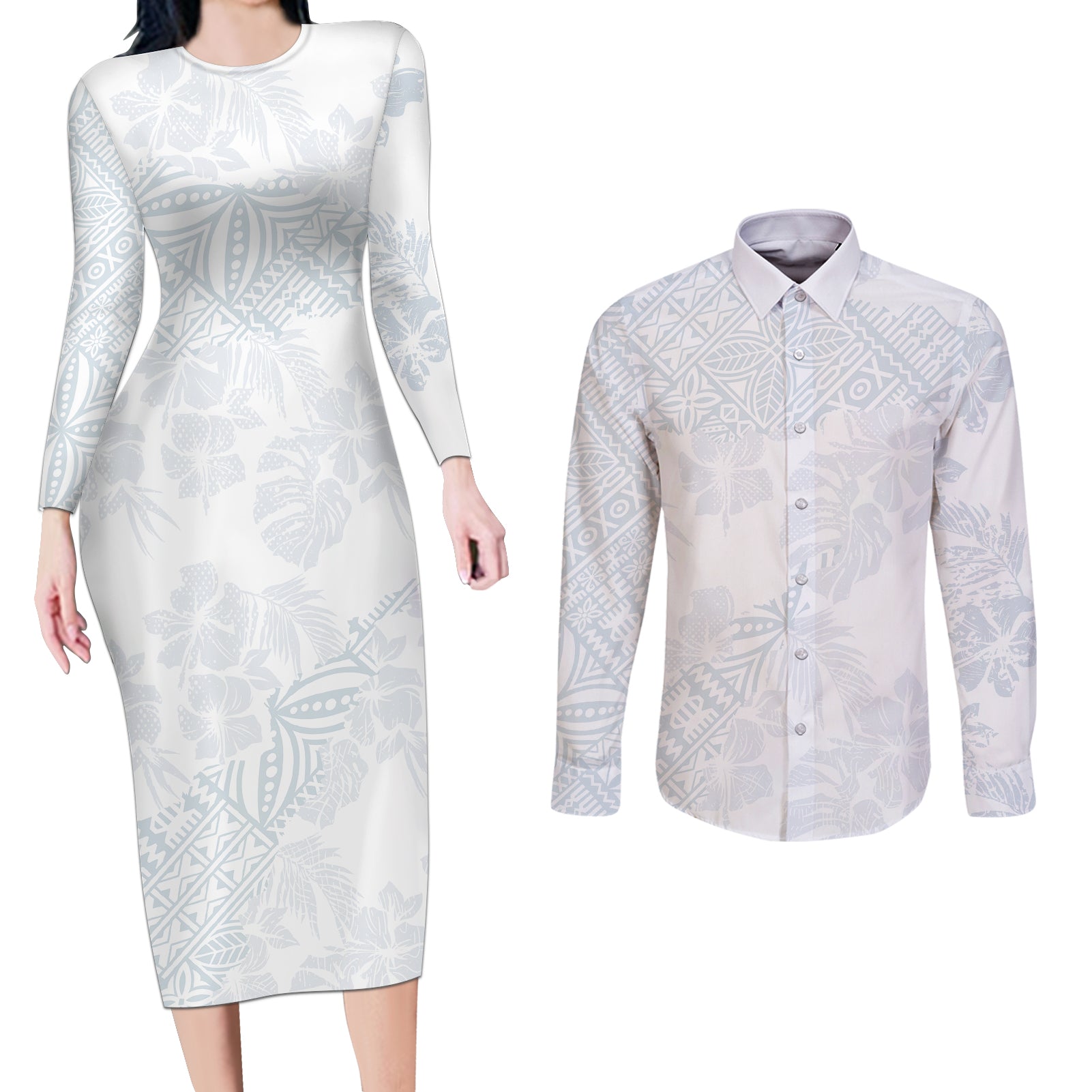 Samoa White Sunday Couples Matching Long Sleeve Bodycon Dress and Long Sleeve Button Shirts Hibiscus Special LT7 - Wonder Print Shop