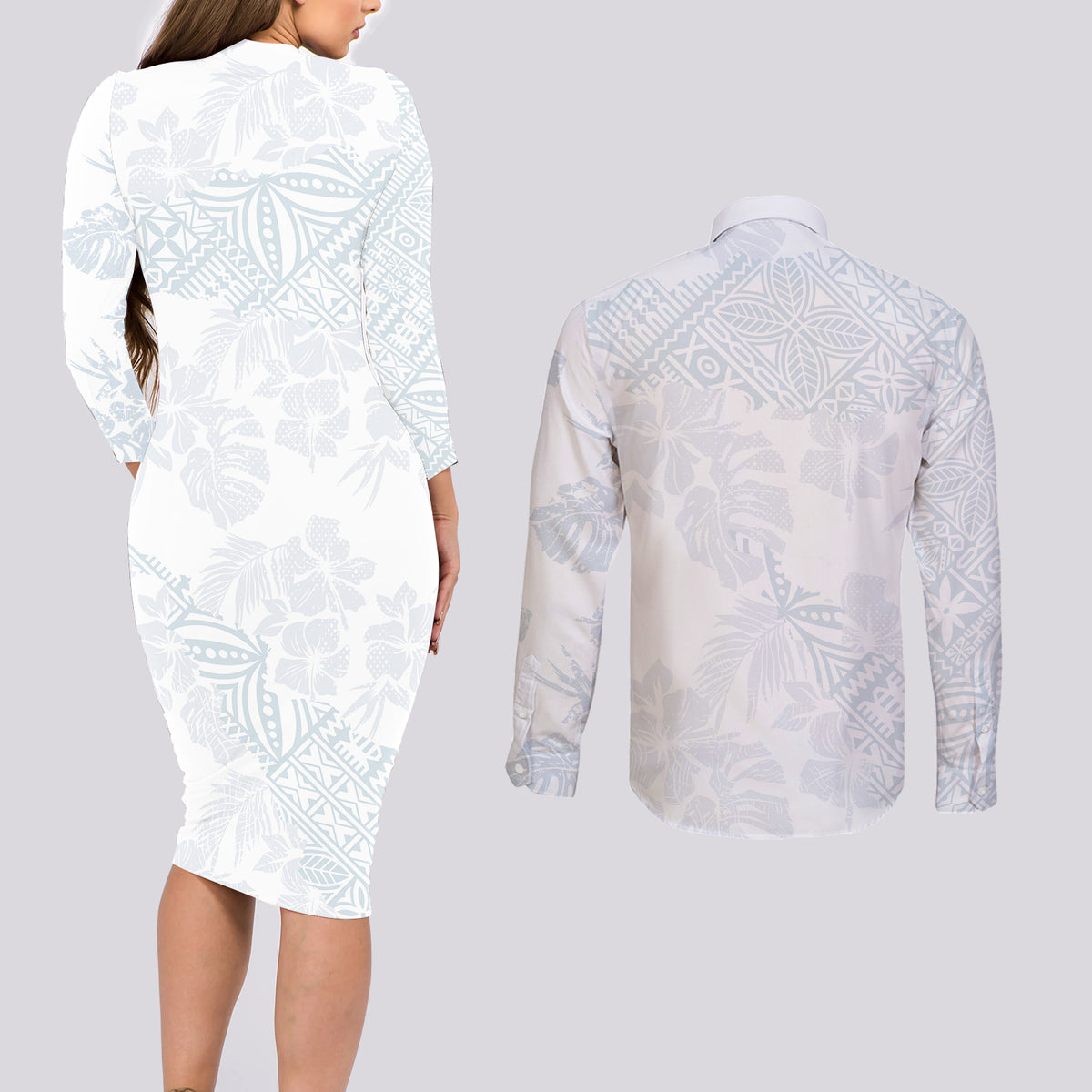 Samoa White Sunday Couples Matching Long Sleeve Bodycon Dress and Long Sleeve Button Shirts Hibiscus Special LT7 - Wonder Print Shop