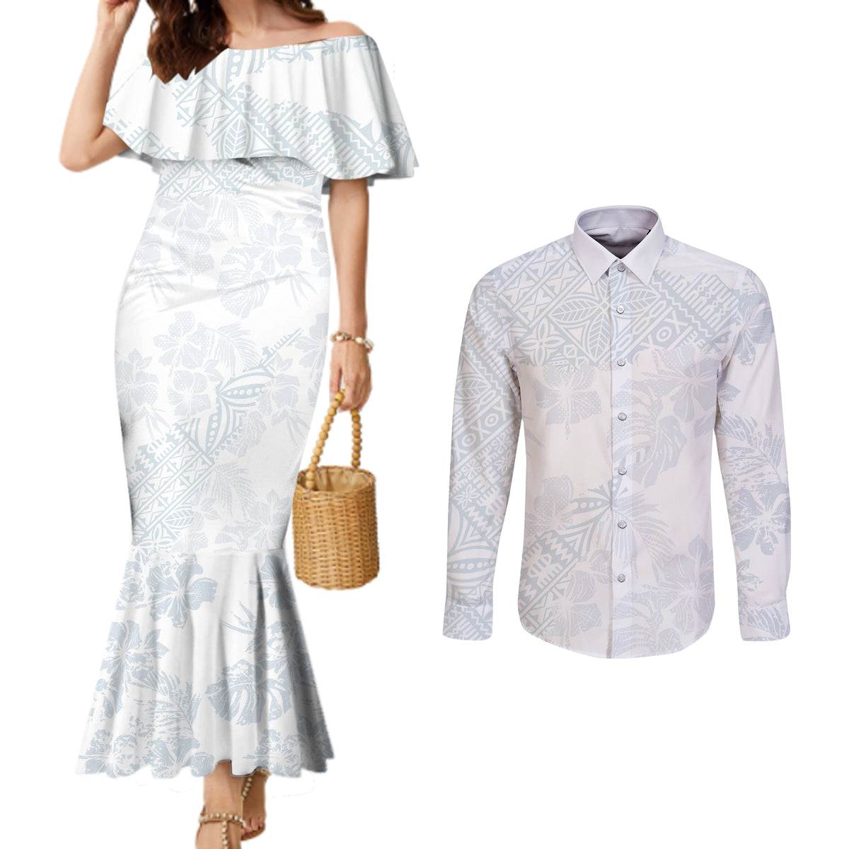 samoa-white-sunday-couples-matching-mermaid-dress-and-long-sleeve-button-shirts-hibiscus-special