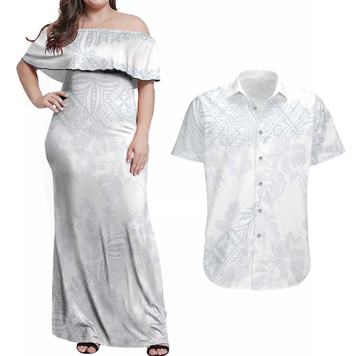 Samoa White Sunday Couples Matching Off Shoulder Maxi Dress and Hawaiian Shirt Hibiscus Special LT7 - Wonder Print Shop